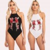 Sexy Women Bodysuit Stretch Floral Embroidery Halter Sleeveless Backless Jumpsuit Leotard Clubwear Black/White