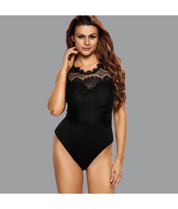 Sexy Women Bodysuit Lace Round Neck Cut Out Back Sleeveless Padded Jumpsuit One-Piece Black/White/Pink