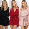 Sexy Women Jumpsuit Solid Deep V-Neck Long Sleeves Elastic Waist Cut Out Casual Romper Black/Beige/Burgundy