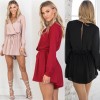 Sexy Women Jumpsuit Solid Deep V-Neck Long Sleeves Elastic Waist Cut Out Casual Romper Black/Beige/Burgundy