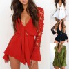 Sexy Women Jumpsuit Lace Hollow Out Deep V-Neck Long Sleeves Ruffle Elastic Waist Casual Romper