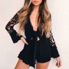 Sexy Women Jumpsuit Lace Hollow Out Deep V-Neck Long Sleeves Ruffle Elastic Waist Casual Romper