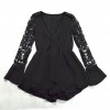 Sexy Women Jumpsuit Lace Hollow Out Deep V-Neck Long Sleeves Ruffle Elastic Waist Casual Romper