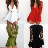 Sexy Women Jumpsuit Lace Hollow Out Deep V-Neck Long Sleeves Ruffle Elastic Waist Casual Romper