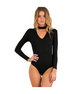 Sexy Women Jumpsuit Ribbed Solid Color V-Neck Long Sleeves Zipper Beach Bodysuit Rompers