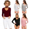 Sexy Women Jumpsuit Ribbed Solid Color V-Neck Long Sleeves Zipper Beach Bodysuit Rompers