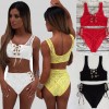 Sexy Women Lace Two Piece Set Lace Up Bandage Vest Crop Top High Waist Briefs Plunge Beach Suits Outfits