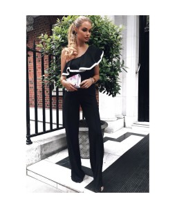 Fashion Women One Shoulder Ruffles Jumpsuit Wide Leg Sexy Slim Overalls Lady Solid Trousers Playsuits