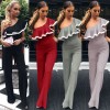 Fashion Women One Shoulder Ruffles Jumpsuit Wide Leg Sexy Slim Overalls Lady Solid Trousers Playsuits