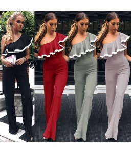 Fashion Women One Shoulder Ruffles Jumpsuit Wide Leg Sexy Slim Overalls Lady Solid Trousers Playsuits