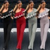 Fashion Women One Shoulder Ruffles Jumpsuit Wide Leg Sexy Slim Overalls Lady Solid Trousers Playsuits