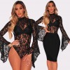 Sexy Floral Lace Jumpsuit Long Bell Sleeves Turtle Neck Hollow Out Backless Sheer Bodysuit Bodycon Rompers