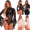 Sexy Floral Lace Jumpsuit Long Bell Sleeves Turtle Neck Hollow Out Backless Sheer Bodysuit Bodycon Rompers