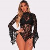 Sexy Floral Lace Jumpsuit Long Bell Sleeves Turtle Neck Hollow Out Backless Sheer Bodysuit Bodycon Rompers