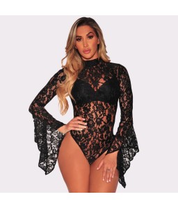 Sexy Floral Lace Jumpsuit Long Bell Sleeves Turtle Neck Hollow Out Backless Sheer Bodysuit Bodycon Rompers