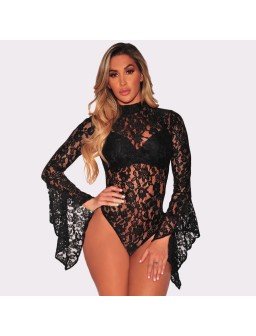 Sexy Floral Lace Jumpsuit Long Bell Sleeves Turtle Neck Hollow Out Backless Sheer Bodysuit Bodycon Rompers