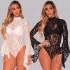 Sexy Floral Lace Jumpsuit Long Bell Sleeves Turtle Neck Hollow Out Backless Sheer Bodysuit Bodycon Rompers