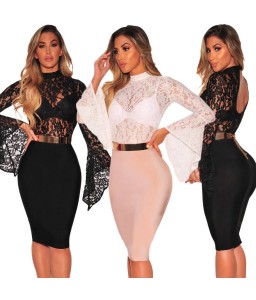 Sexy Floral Lace Jumpsuit Long Bell Sleeves Turtle Neck Hollow Out Backless Sheer Bodysuit Bodycon Rompers