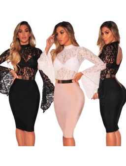 Sexy Floral Lace Jumpsuit Long Bell Sleeves Turtle Neck Hollow Out Backless Sheer Bodysuit Bodycon Rompers