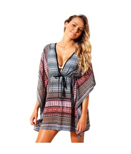 Sexy Women Beach Cover Up Dress Bohemian Geometric Print V-Neck Batwing Sleeves Loose Swimwear