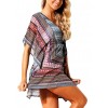 Sexy Women Beach Cover Up Dress Bohemian Geometric Print V-Neck Batwing Sleeves Loose Swimwear