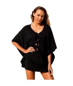 Sexy Women Beach Cover Up Lace Up Kaftan Swimwear Beachwear Loose Bikini Dress Black/White