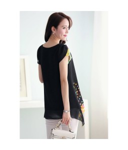 New Fashion Women Chiffon Blouse Floral Print Hollow Out Overlay Petal Sleeves Tops Black     