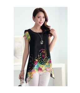 New Fashion Women Chiffon Blouse Floral Print Hollow Out Overlay Petal Sleeves Tops Black     