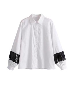 Fashion Women Sequins Shirt Turn-Down Collar Long Sleeve Casual Loose Blouse Tops White