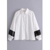 Fashion Women Sequins Shirt Turn-Down Collar Long Sleeve Casual Loose Blouse Tops White