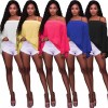 Women Solid Shirt Bardot Neck Flare Sleeve Loose Blouse Chiffon Sexy Off Shoulder Top