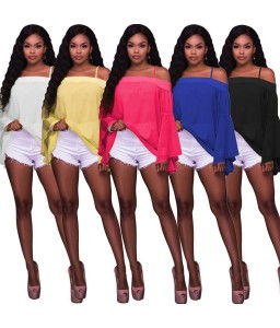 Women Solid Shirt Bardot Neck Flare Sleeve Loose Blouse Chiffon Sexy Off Shoulder Top