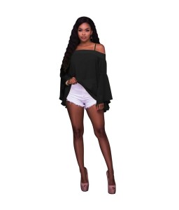 Women Solid Shirt Bardot Neck Flare Sleeve Loose Blouse Chiffon Sexy Off Shoulder Top