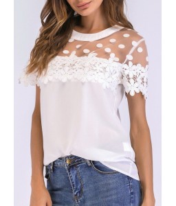 Women Chiffon Blouse Sheer Mesh Floral Crochet Lace Polka Dot  Solid Tops