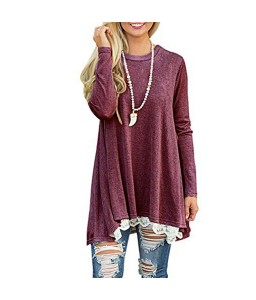 New Fashion Women Casual T-Shirt Round Neck Long Sleeve Crochet Lace Splice Irregular Hem Top Tee