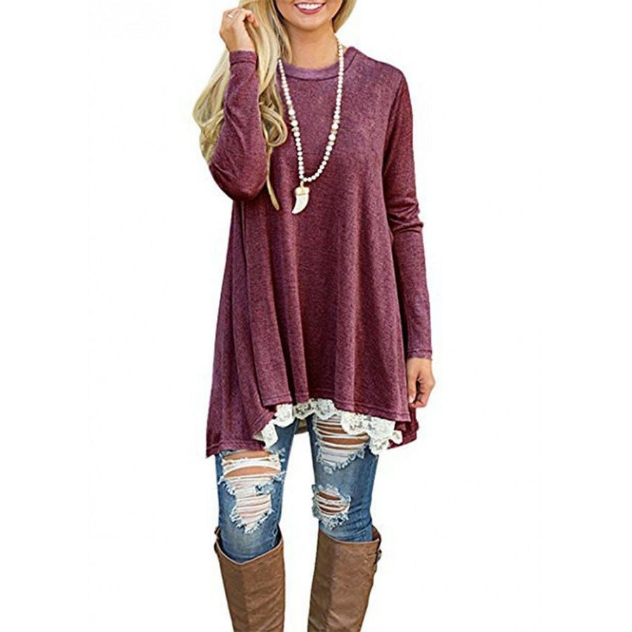 New Fashion Women Casual T-Shirt Round Neck Long Sleeve Crochet Lace Splice Irregular Hem Top Tee