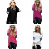 New Fashion Women T-Shirt Patchwork Elbow Round Neck Long Sleeve Asymmetric Hem Casual Top