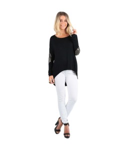 New Fashion Women T-Shirt Patchwork Elbow Round Neck Long Sleeve Asymmetric Hem Casual Top