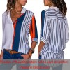 Women Plus Size Chiffon Shirts Blouse Striped Contrast Color Block Button Down Turn Down Collar Long Sleeves Casual Tops