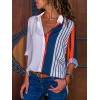 Women Plus Size Chiffon Shirts Blouse Striped Contrast Color Block Button Down Turn Down Collar Long Sleeves Casual Tops