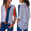 Women Plus Size Chiffon Shirts Blouse Striped Contrast Color Block Button Down Turn Down Collar Long Sleeves Casual Tops