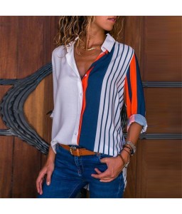 Women Plus Size Chiffon Shirts Blouse Striped Contrast Color Block Button Down Turn Down Collar Long Sleeves Casual Tops