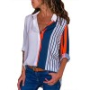 Women Plus Size Chiffon Shirts Blouse Striped Contrast Color Block Button Down Turn Down Collar Long Sleeves Casual Tops