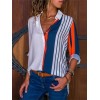 Women Plus Size Chiffon Shirts Blouse Striped Contrast Color Block Button Down Turn Down Collar Long Sleeves Casual Tops