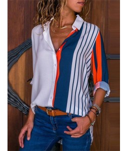 Women Plus Size Chiffon Shirts Blouse Striped Contrast Color Block Button Down Turn Down Collar Long Sleeves Casual Tops