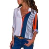 Women Plus Size Chiffon Shirts Blouse Striped Contrast Color Block Button Down Turn Down Collar Long Sleeves Casual Tops