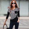 New Fashion Women T-Shirt Striped Patchwork Chest Pocket Long Sleeve Casual Blouse Tops Tee White/Black