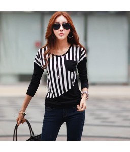 New Fashion Women T-Shirt Striped Patchwork Chest Pocket Long Sleeve Casual Blouse Tops Tee White/Black