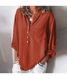 Blouse Stand Collar V Neckline Rolled Dropped Shoulder Long Sleeve Button Simple Casual OL Wear