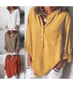 Blouse Stand Collar V Neckline Rolled Dropped Shoulder Long Sleeve Button Simple Casual OL Wear